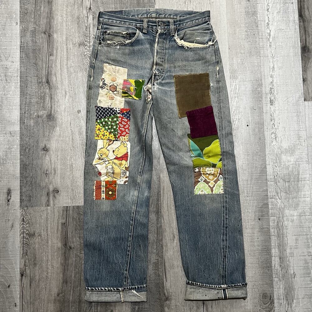 Levi's 501xx VTG Redline Denim Big E Selvedge V Stitch Patchwork Hippy Jeans 30"